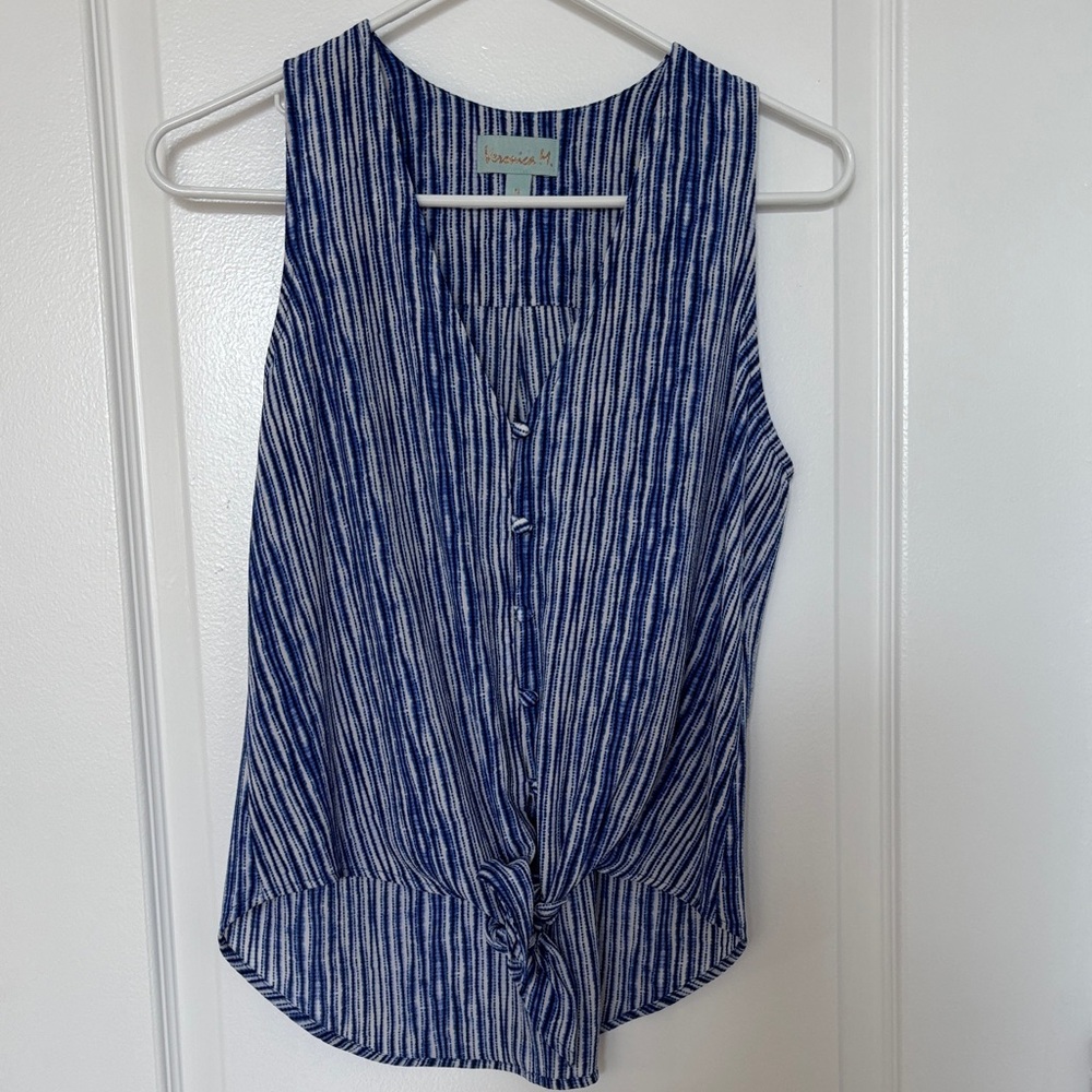Veronica M Navy and White Striped Sleeveless Blouse